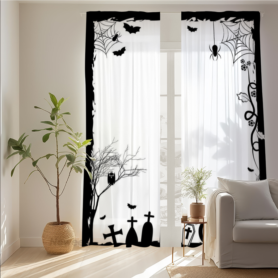 2PCS 디지털 프린트 시스루 커튼, 거미줄 묘비 묘지 - Spider Web Halloween Decoration 리뷰 및 가격
