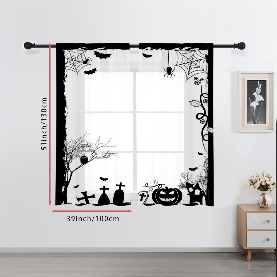 2PCS 디지털 프린트 시스루 커튼, 거미줄 묘비 묘지 - Spider Web Halloween Decoration 리뷰 및 가격